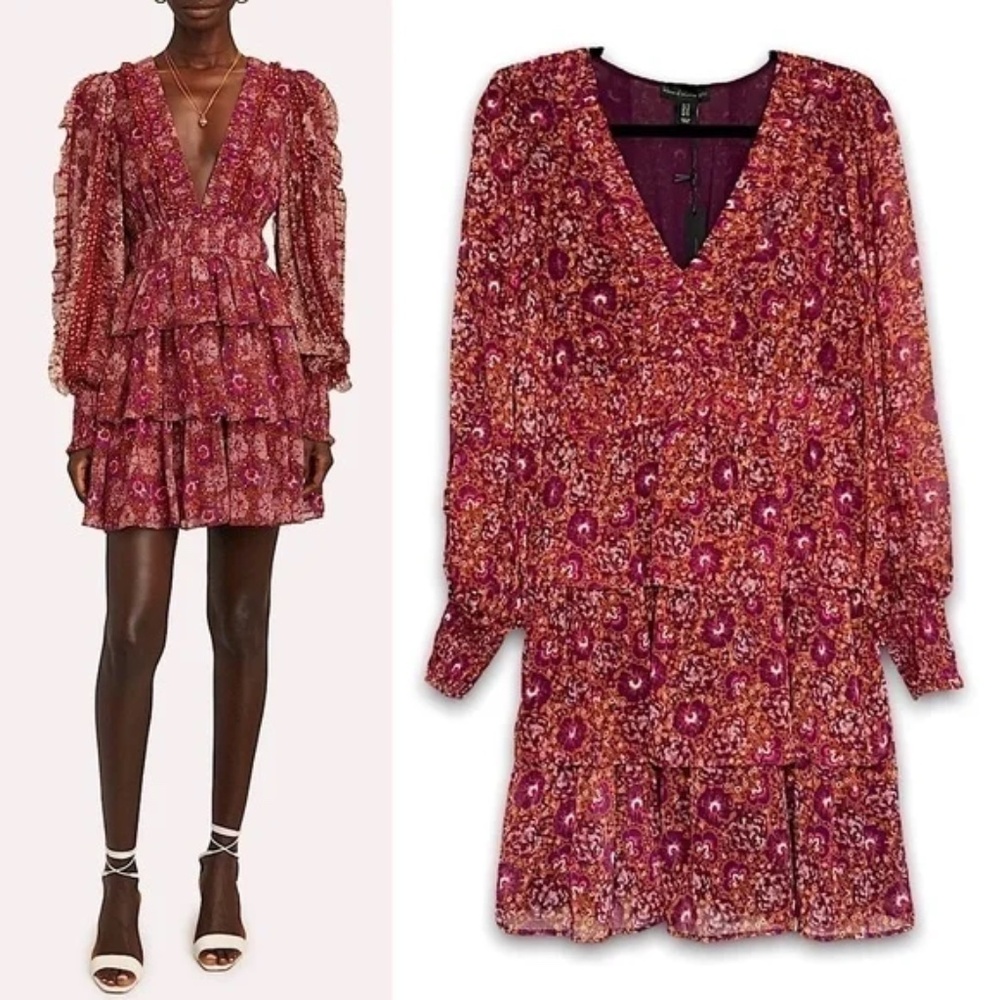 House of Harlow 1960 Berry Paisley Print V-Neck Mini Ruffle Tiered Dress
